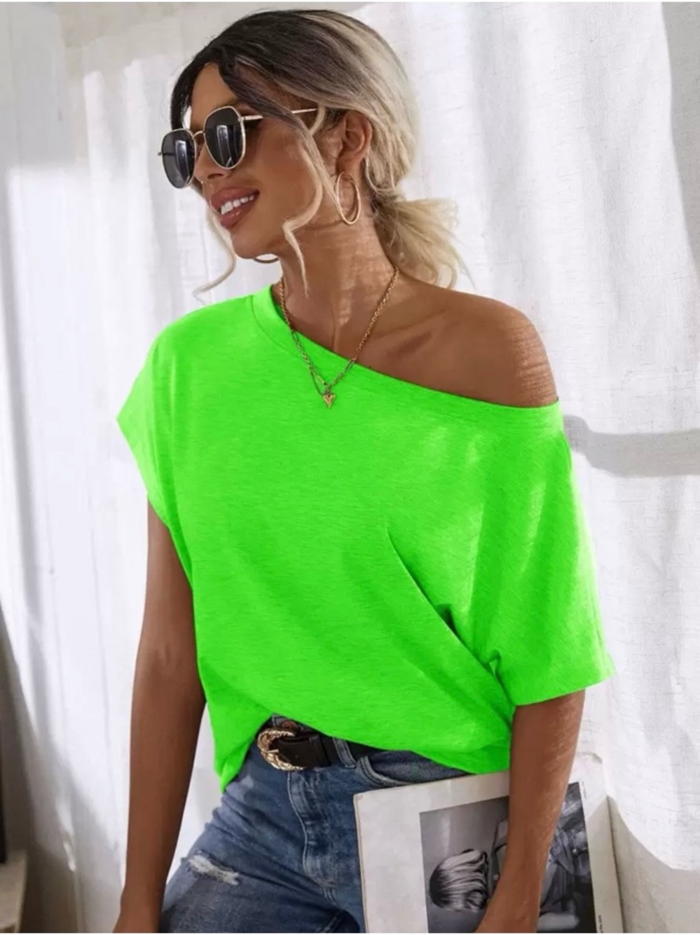 NWOT SHEIN LUNE Batwing Sleeve Solid Tee - Neon Lime - Sz Medium